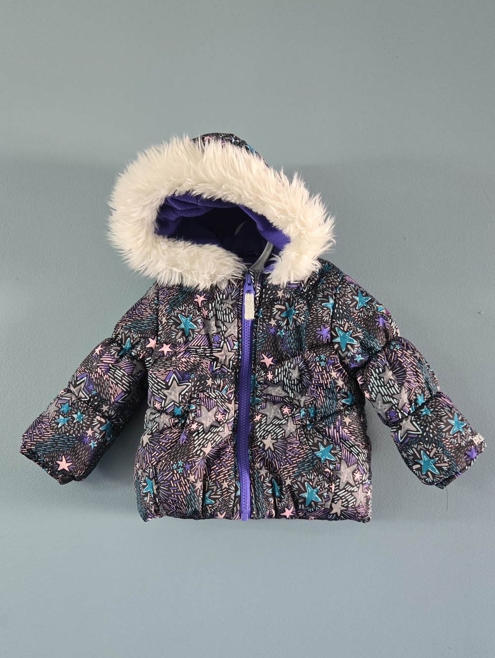 Kids Star-Print Puffer Jacket with Faux Fur Hood - Purple/Blue